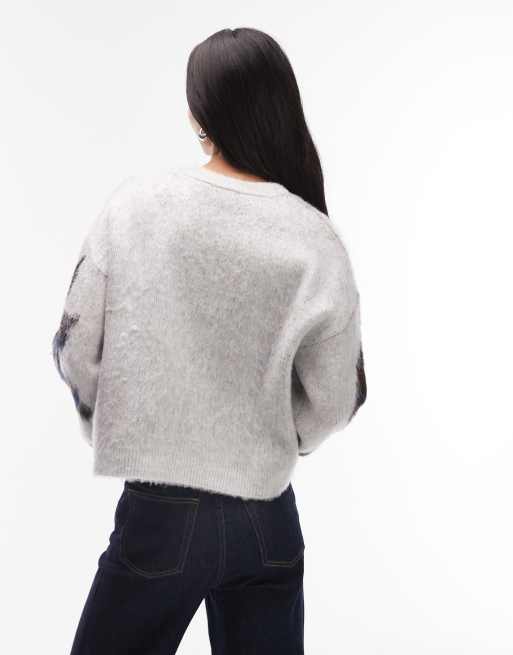 ASOS DESIGN knitted brushed floral jumper in grey, 4 of 4
