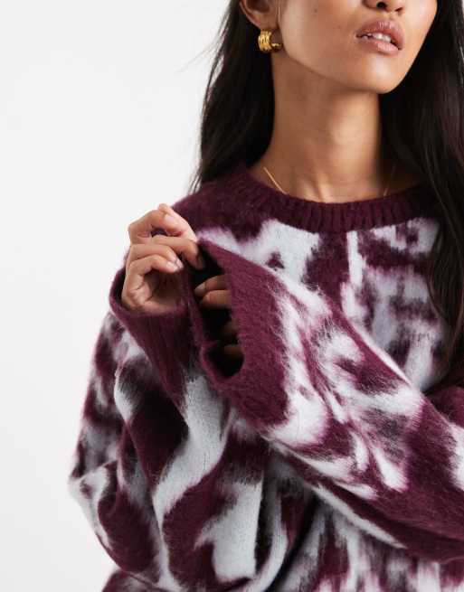 ASOS DESIGN knitted brushed floral jumper in wine, 3 of 4