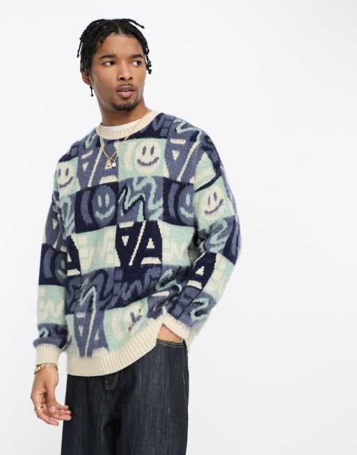 ASOS DESIGN knitted brushed jumper with all over print in blue ASOS