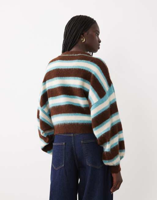 ASOS DESIGN knitted brushed stripe sweater in turquoise and brown, 3 of 4