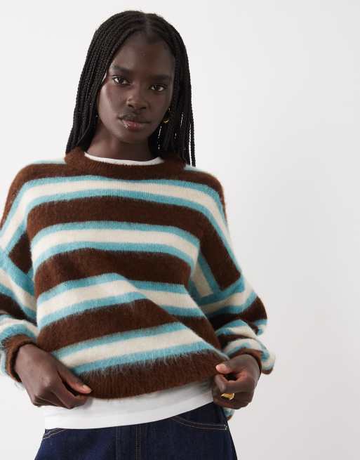 ASOS DESIGN knitted brushed stripe sweater in turquoise and brown, 4 of 4