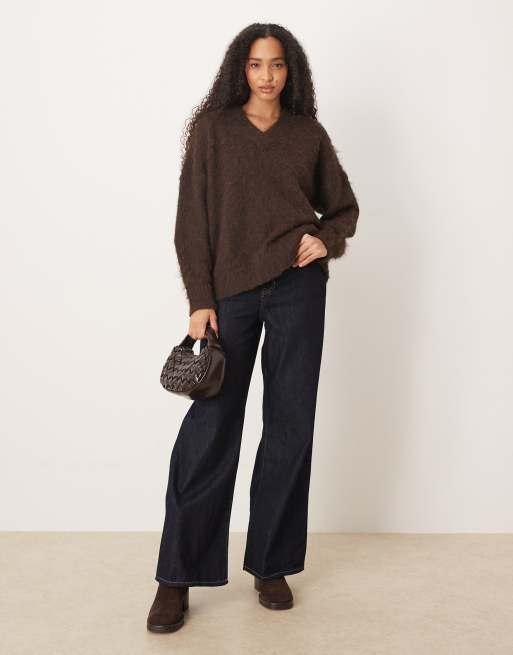 ASOS DESIGN knitted brushed v neck oversized jumper in chocolate, 3 of 4