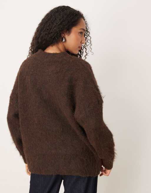 ASOS DESIGN knitted brushed v neck oversized jumper in chocolate, 4 of 4