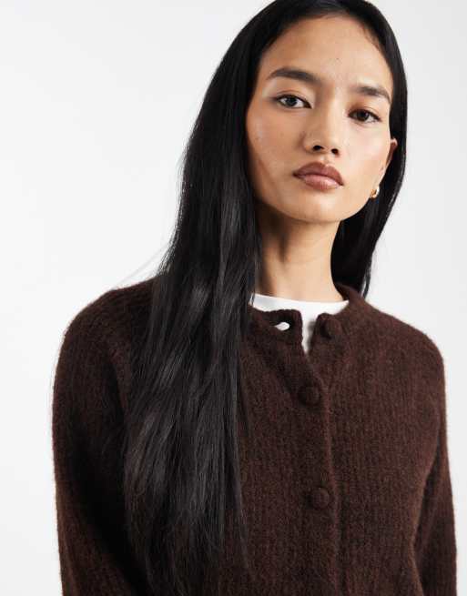 ASOS DESIGN knitted bubble hem cardigan with wool in brown, 3 of 4
