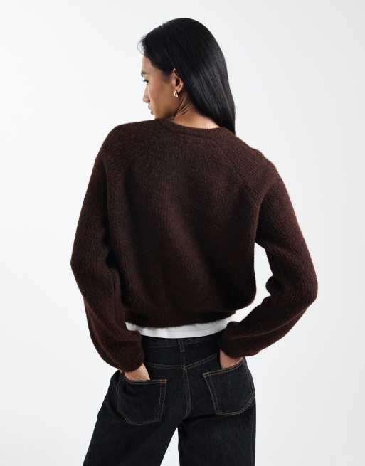 ASOS DESIGN knitted bubble hem cardigan with wool in brown, 4 of 4