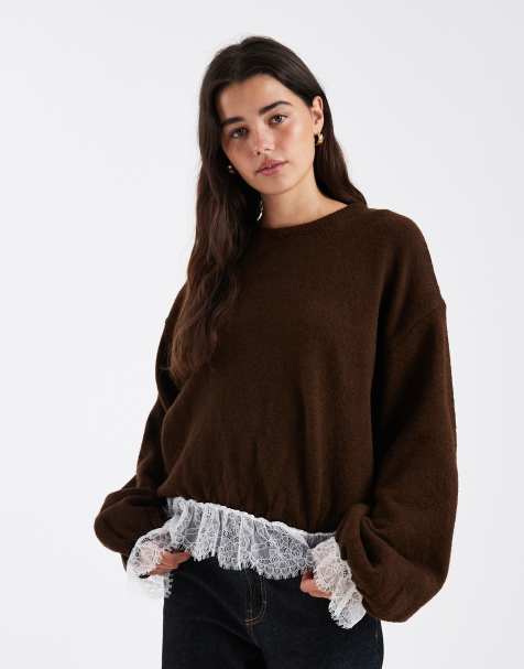 ASOS DESIGN knitted bubble hem jumper with lace hem in brown
