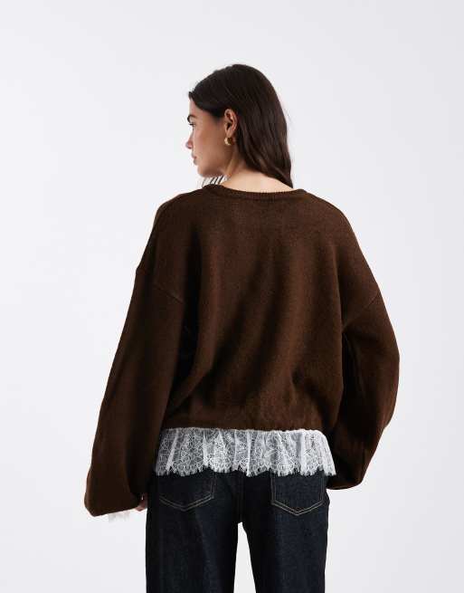 ASOS DESIGN knitted bubble hem jumper with lace hem in brown, 2 of 4