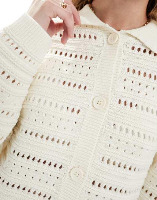 ASOS DESIGN knitted button front collar cardigan in stripe open stitch, 3 of 4