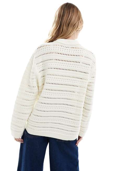 ASOS DESIGN knitted button front collar cardigan in stripe open stitch, 4 of 4