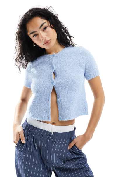ASOS DESIGN knitted button front short sleeve cardigan in fluffy yarn in blue - view 1