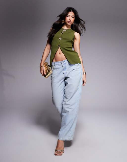 ASOS DESIGN knitted button front vest with flower buttons in olive, 2 of 4