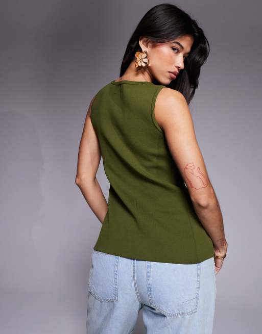 ASOS DESIGN knitted button front vest with flower buttons in olive, 4 of 4