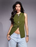 [ASOS DESIGN] ASOS DESIGN knitted button front waistcoat with flower buttons in olive-Green S GREEN
