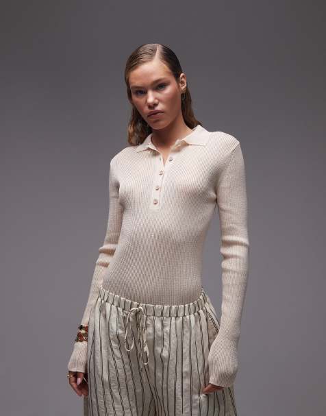ASOS DESIGN knitted button polo rib bodysuit in ecru - view 1