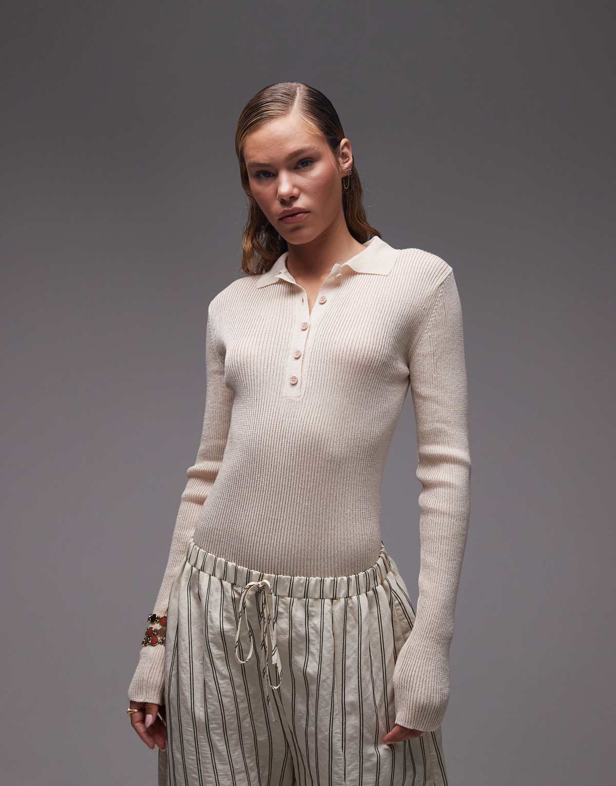 ASOS DESIGN knitted button polo rib bodysuit in ecru