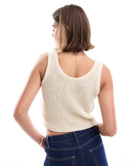 ASOS DESIGN knitted button through cami top in textured stitch in cream, 4 of 4