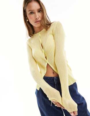 ASOS DESIGN pointelle knit slim fit cardigan with bow ribbon in ecru