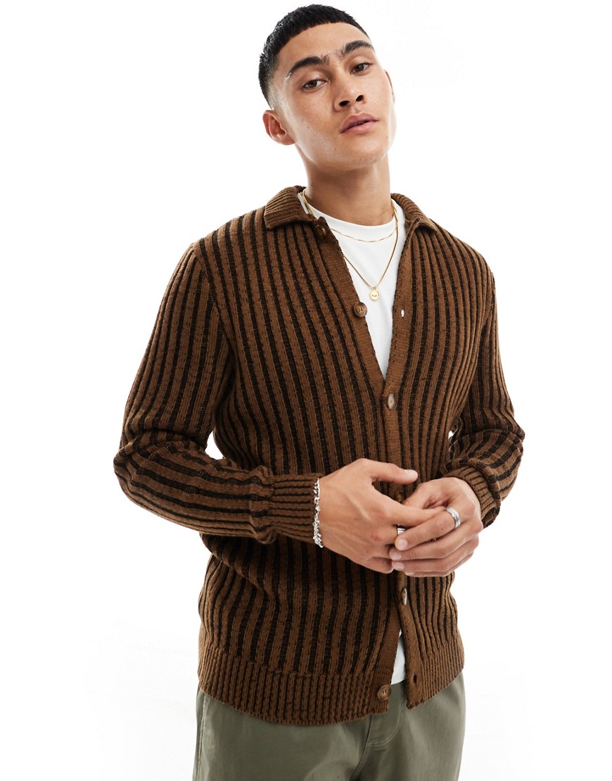ASOS DESIGN knitted button through cardigan in plated rib in brown
