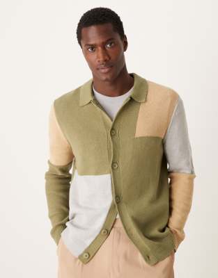 Asos Design Knitted Button Through Collar Cardigan In Khaki Color Block-green