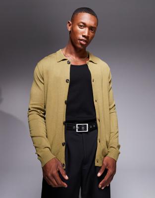 Asos Design Knitted Button Through Long Sleeve Polo In Khaki - Part Of A Set-green