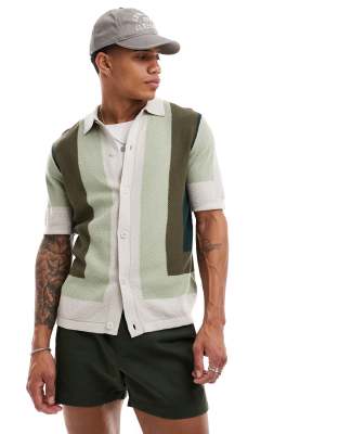 ASOS DESIGN knitted button through polo in green border pattern | ASOS