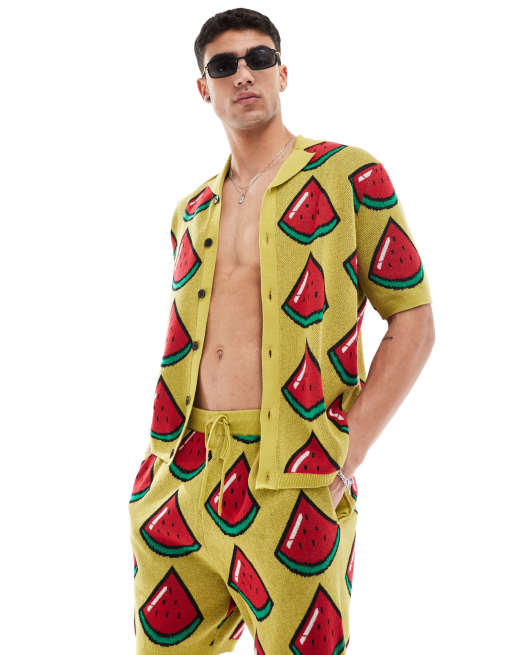ASOS DESIGN knitted button through polo in green watermelon design (part of a set)