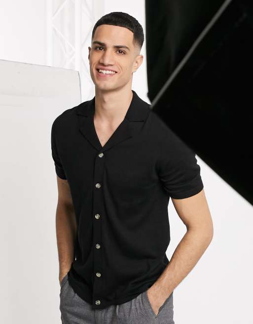 ASOS DESIGN knitted button through polo t shirt in black