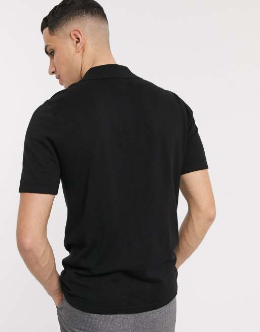 ASOS DESIGN knitted button through polo t-shirt in black | ASOS