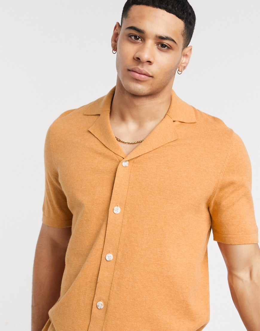 ASOS DESIGN knitted button through polo t-shirt in tan
