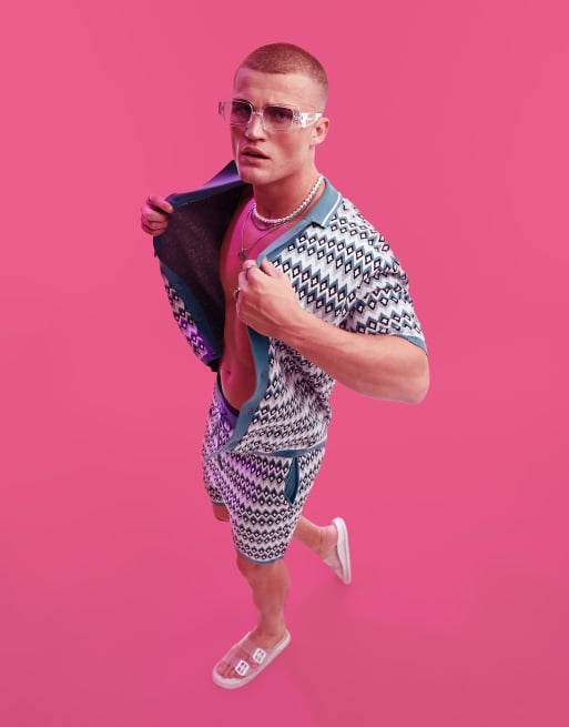 ASOS DESIGN knitted button through polo with all over geo print (part of a set)