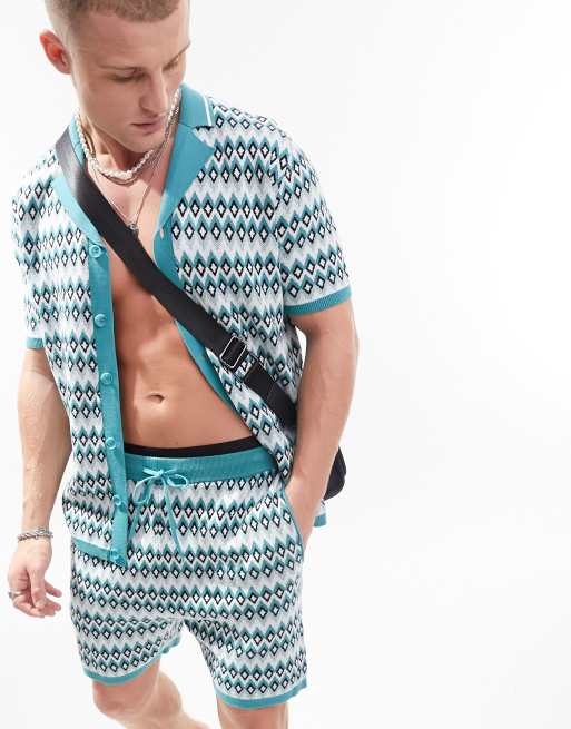 ASOS DESIGN knitted button through polo with all over geo print (part of a set), 3 of 4