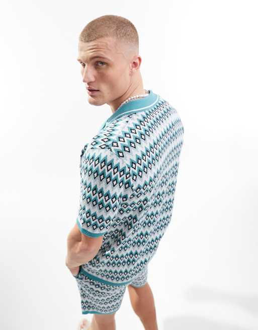 ASOS DESIGN knitted button through polo with all over geo print (part of a set), 4 of 4