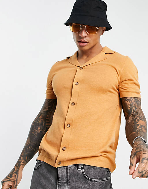 ASOS DESIGN knitted button through shirt in tan