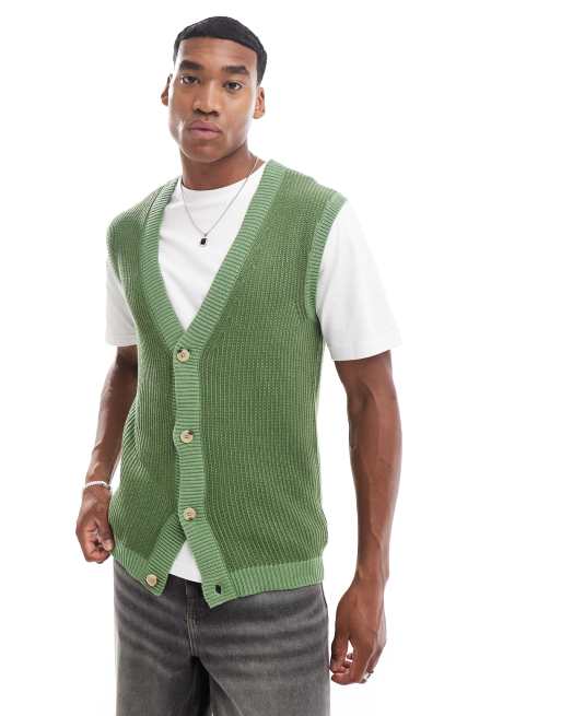 ASOS DESIGN knitted button through sleeveless cardigan in green pleated rib