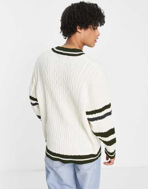 ASOS DESIGN knitted cable cardigan with collegiate stripes in cream, 2 of 4