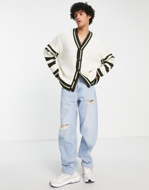 ASOS DESIGN knitted cable cardigan with collegiate stripes in cream, 3 of 4
