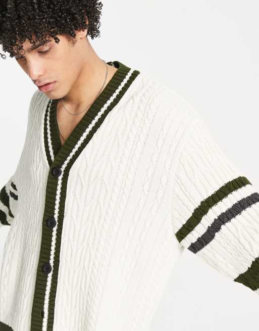 ASOS DESIGN knitted cable cardigan with collegiate stripes in cream, 4 of 4