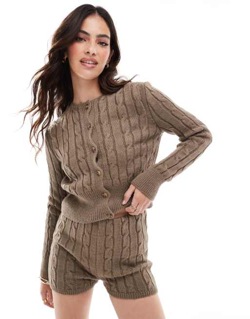 ASOS DESIGN knitted cable crew neck caridgan in brown (part of a set)