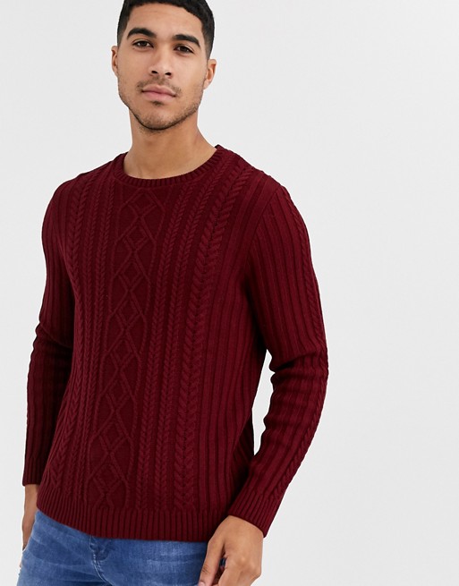 ASOS DESIGN knitted cable knit jumper in burgundy