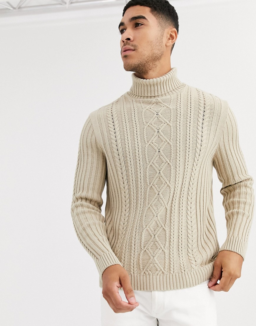 ASOS DESIGN knitted cable knit roll neck jumper in oatmeal-Beige
