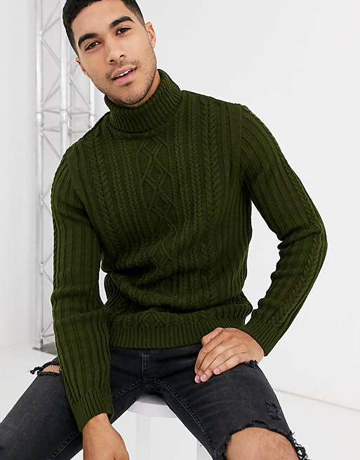 ASOS DESIGN knitted cable knit roll neck sweater in khaki | ASOS