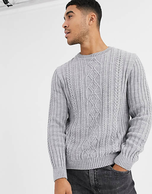 ASOS DESIGN knitted cable knit sweater in light gray twist | ASOS