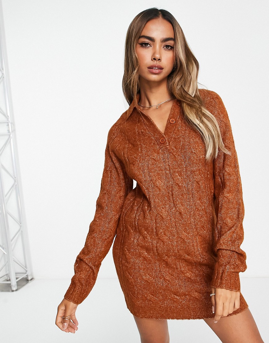 ASOS DESIGN knitted cable mini dress with open collar in orange