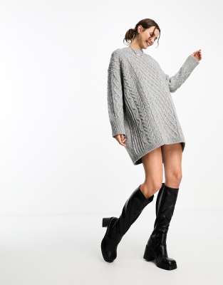 Asos Design Knitted Cable Mini Sweater Dress In Gray