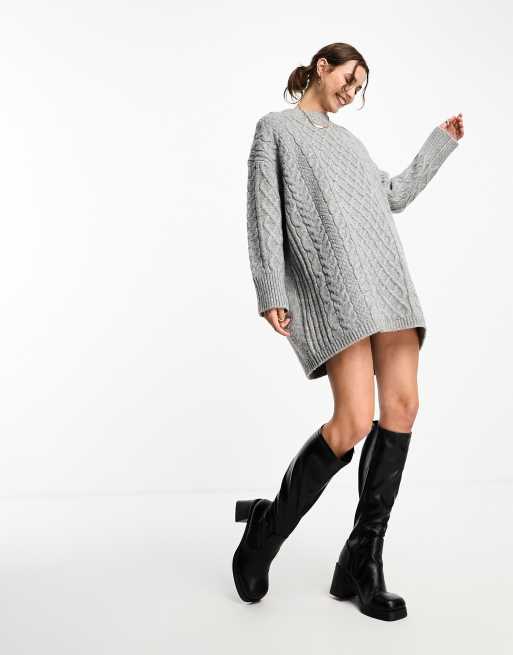 Grey Cable Knitted Sweater Dress, Knitwear