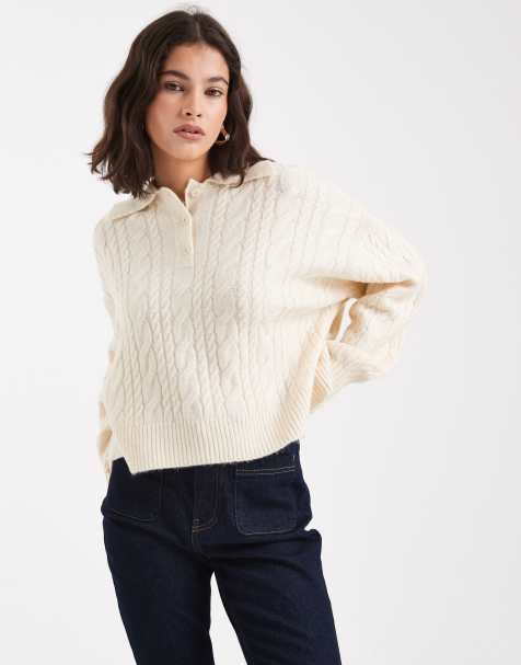 ASOS DESIGN knitted cable polo top in cream - view 1