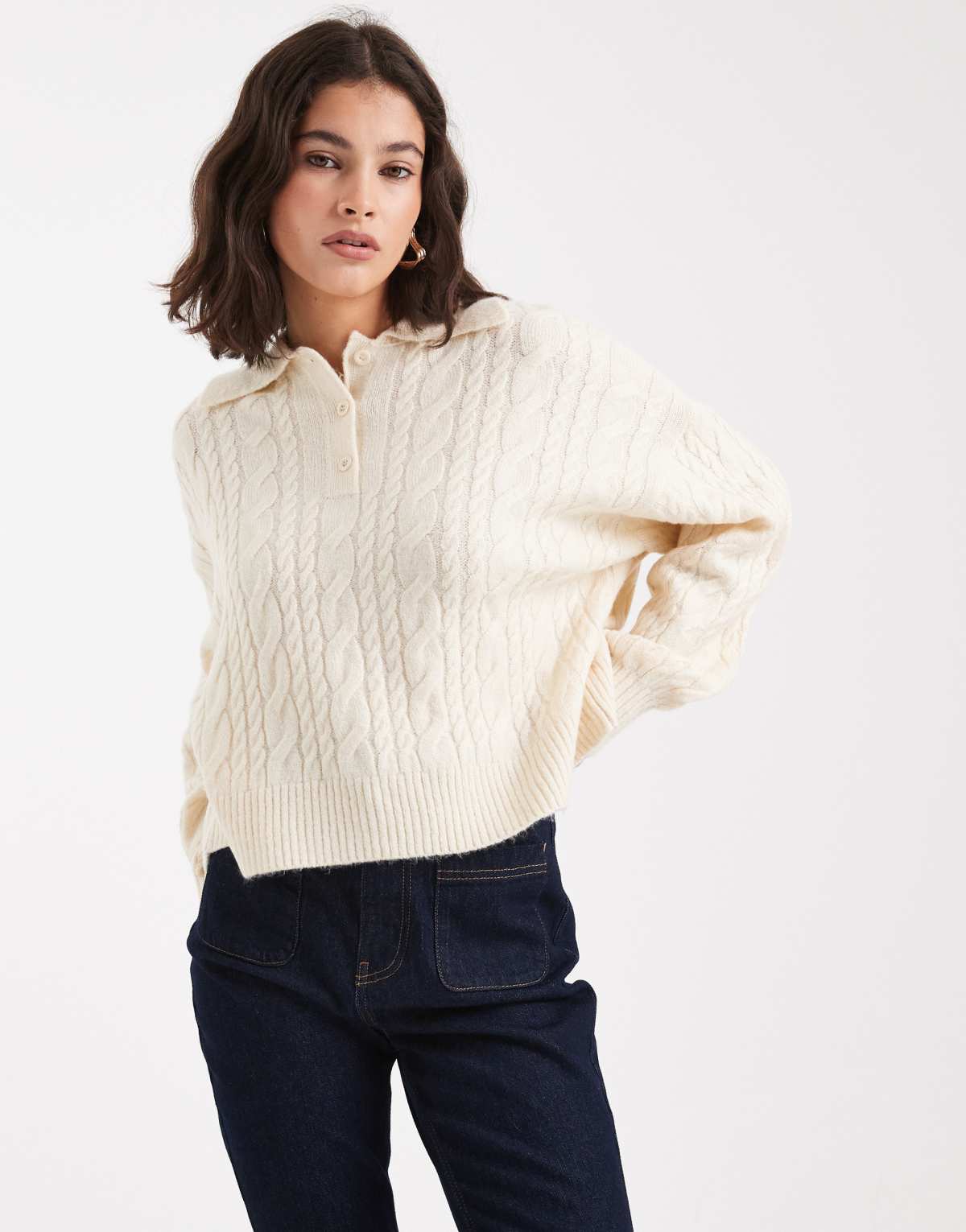 ASOS DESIGN knitted cable polo top in cream