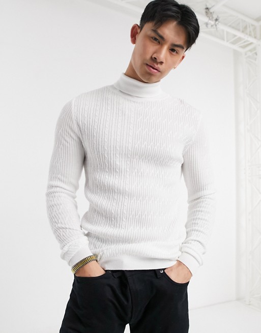 ASOS DESIGN knitted cable roll neck jumper in white