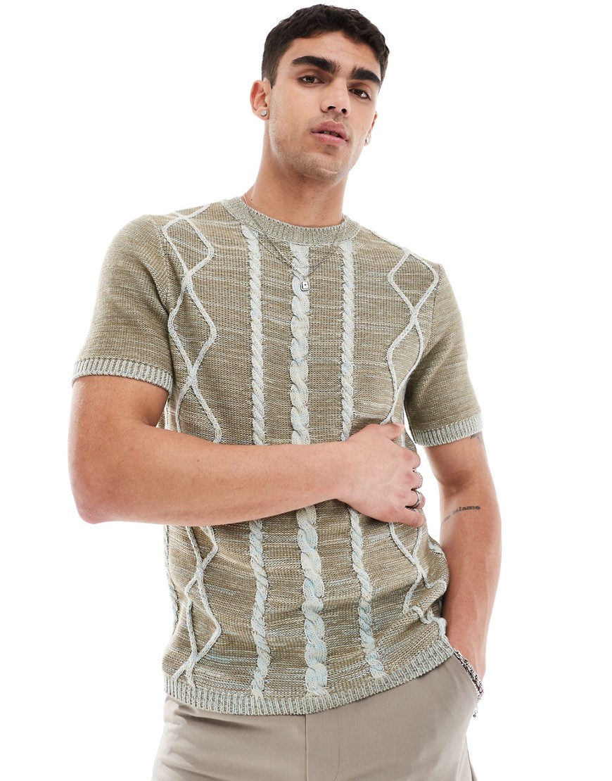 ASOS DESIGN knitted cable t-shirt in blue and brown contrast twist