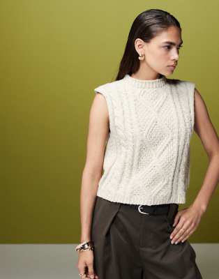 Asos Design Knitted Cable Tank In Textured Yarn In Stone-neutral
